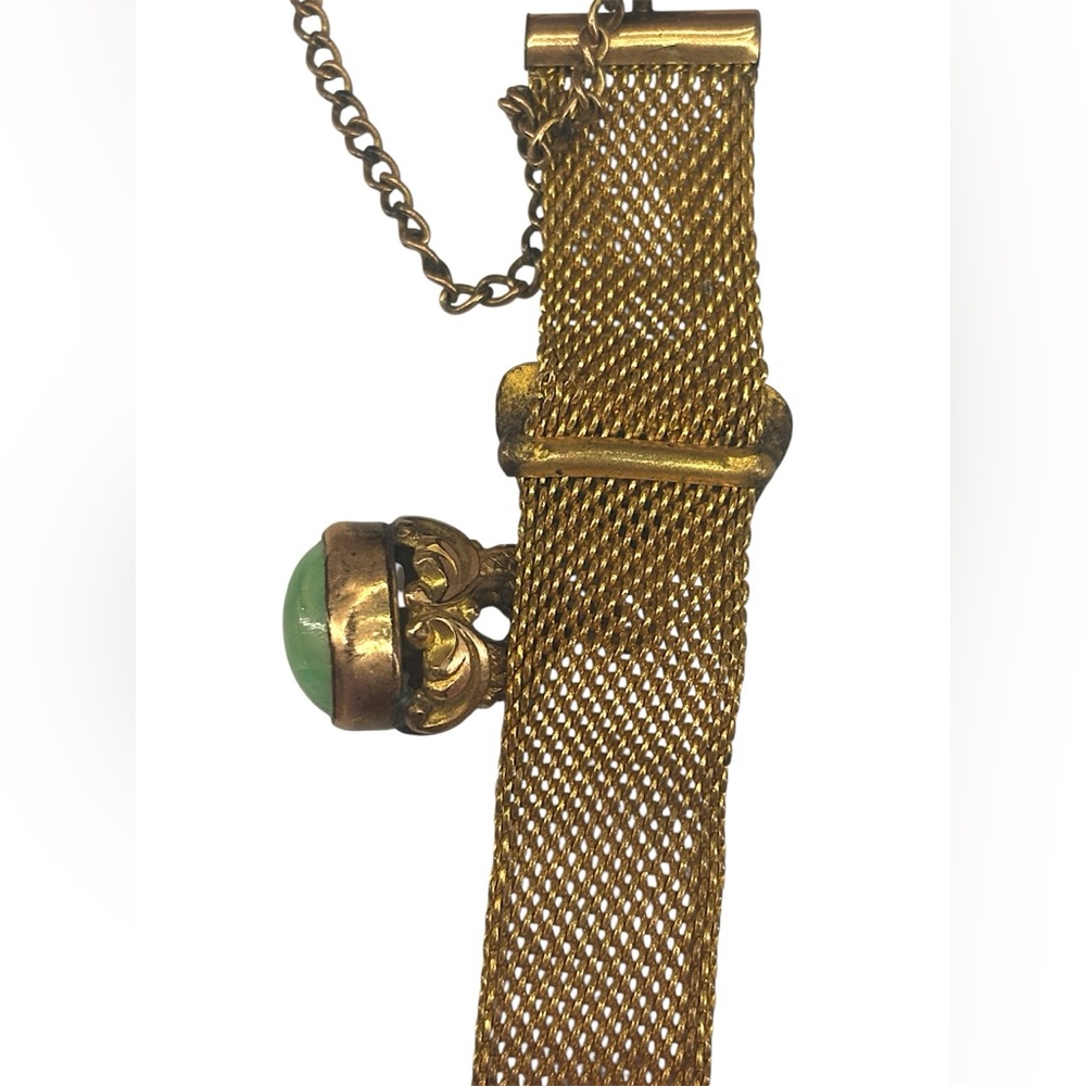 Victorian Revival Pocket Watch Chain Slide Mesh w/ Monogram Heart & Green Fob - Picture 4 of 4